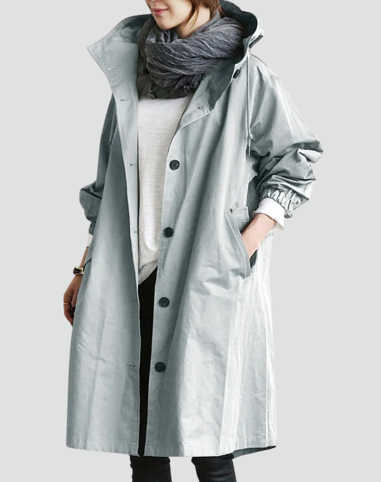 Waterproof Long Women's Trench Coat with Hood and Buttons
