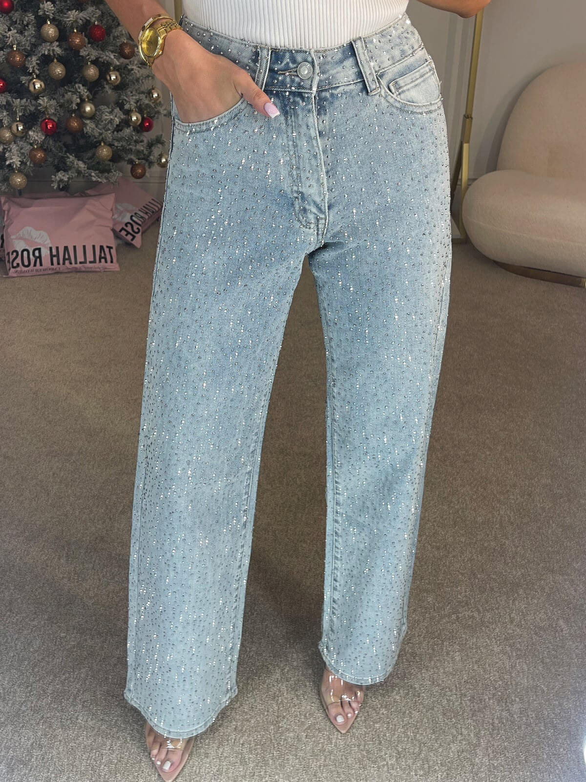 Women's Glitter Jeans with High Waist