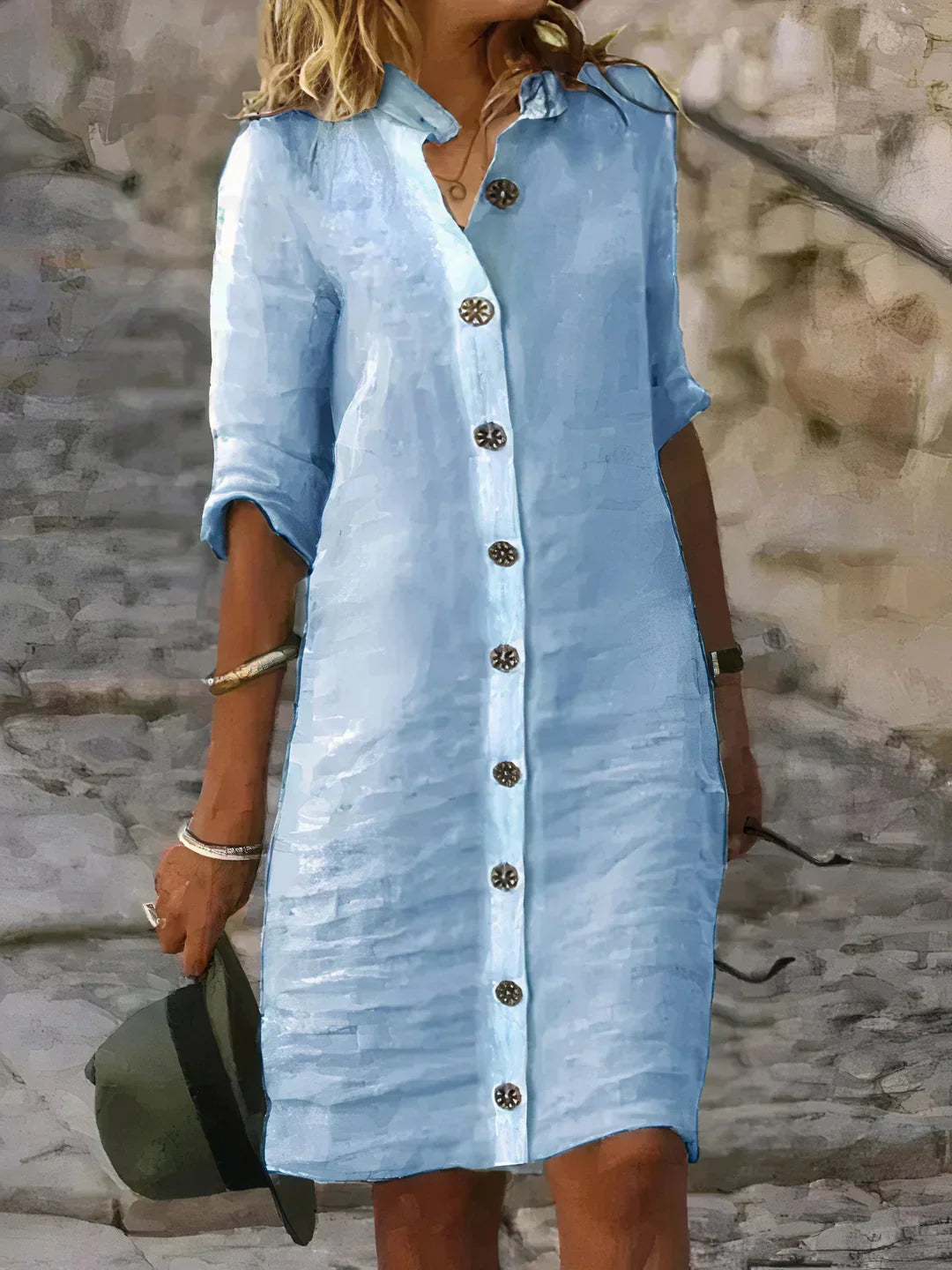 Airy Linen Women’s Midi Dress with Collar and Button Closure