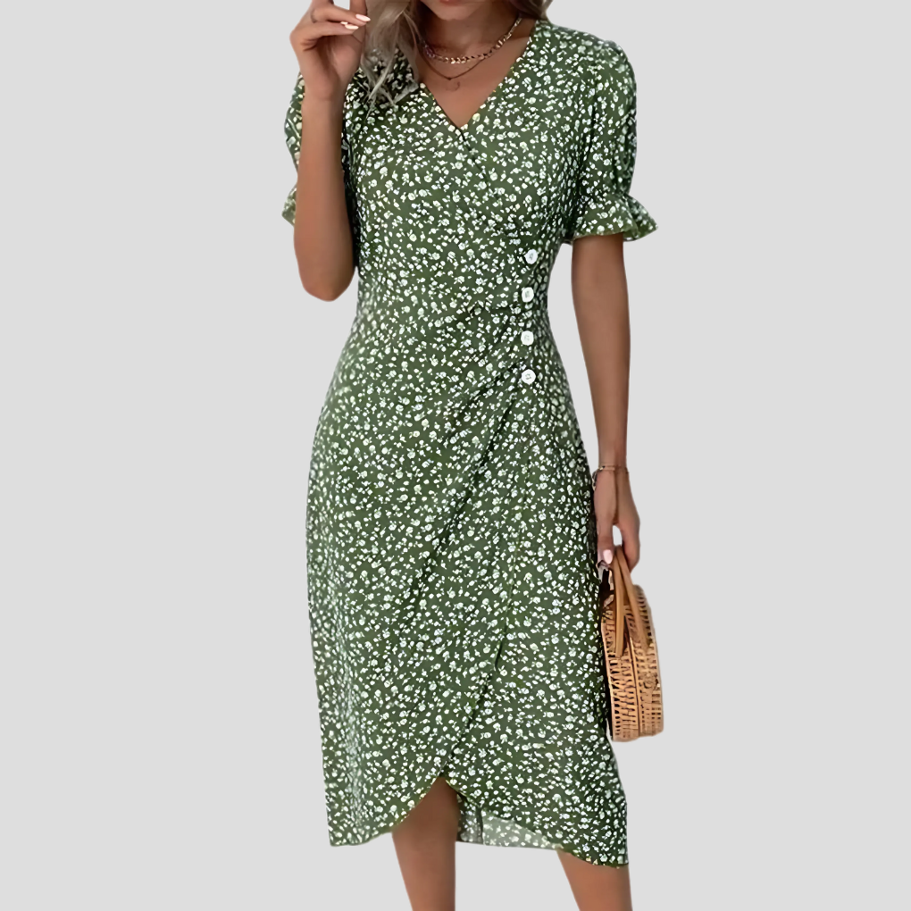 Stylish Midi Dress with Floral Print and V-Neck for Women
