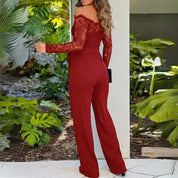 Lace Jumpsuit with Open Shoulders and Long Sleeves