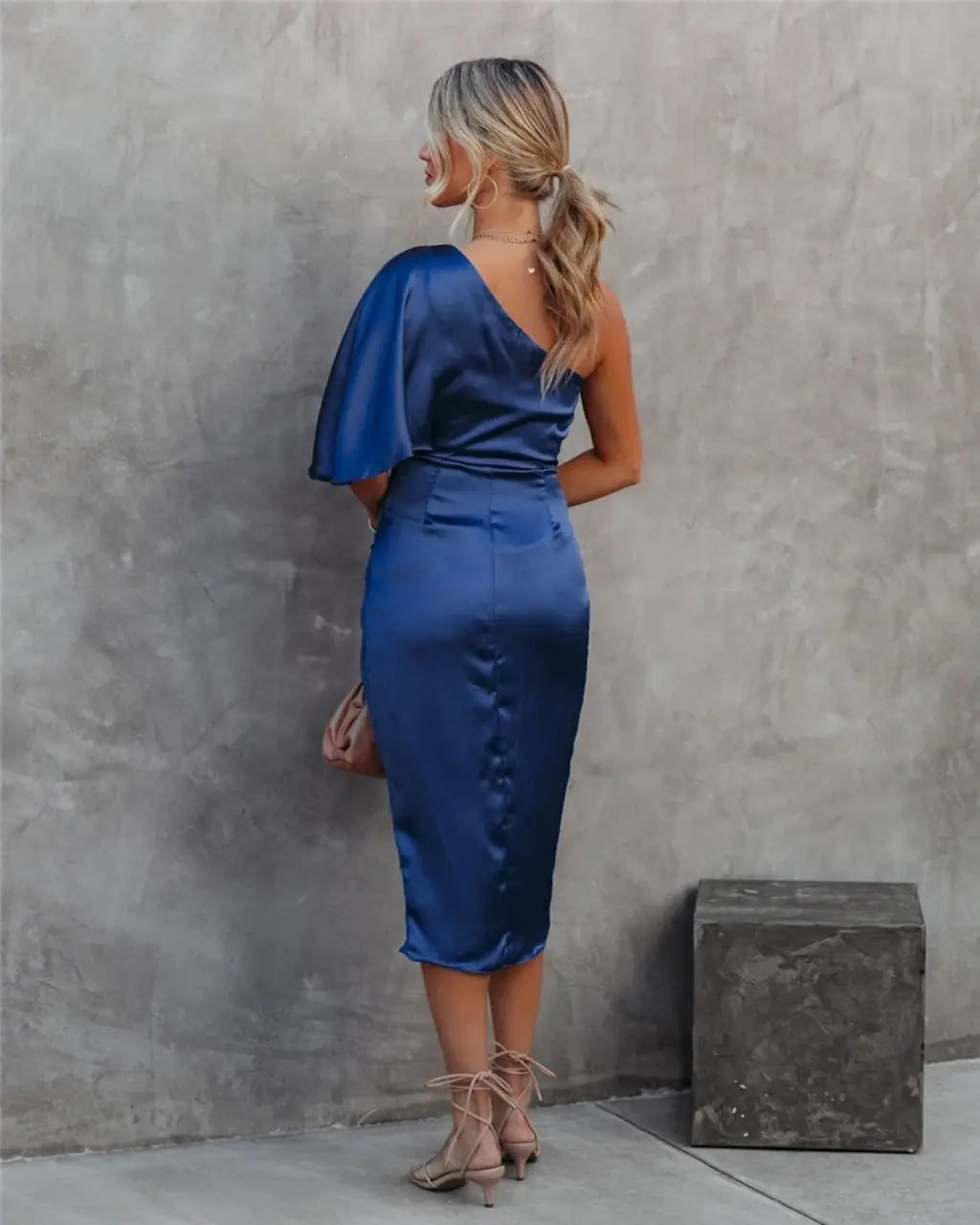 Cocktail Dress with One Shoulder and Draped Midi Skirt
