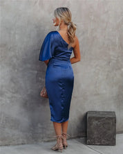Cocktail Dress with One Shoulder and Draped Midi Skirt