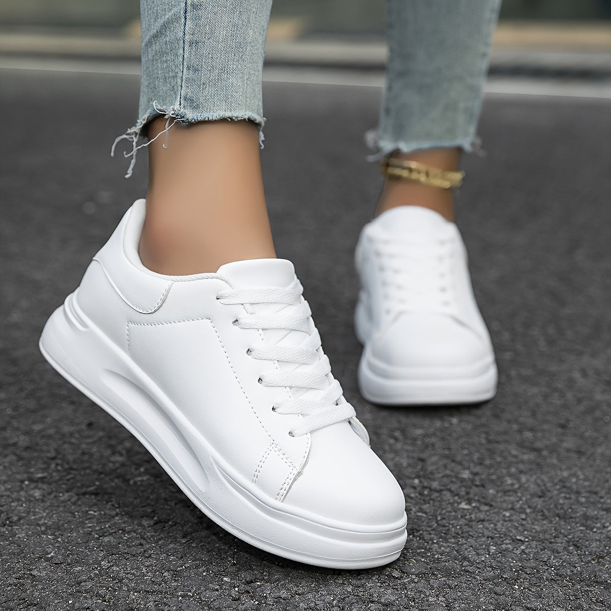 Minimalist White Sneakers With Thick Sole For Women