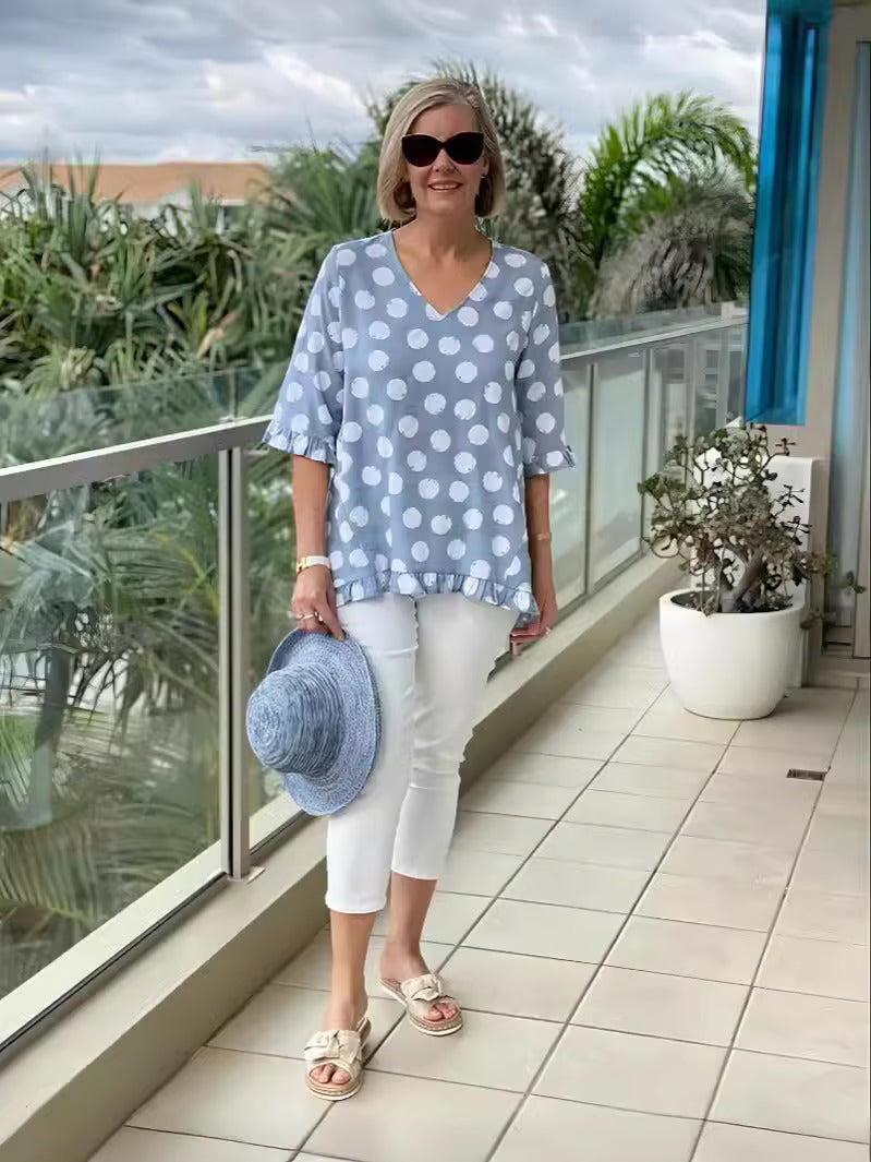 Comfortable Polka Dot Tunic for Women with Short Sleeves