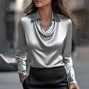 Satin Waterfall Neck Blouse with Long Sleeves for Women