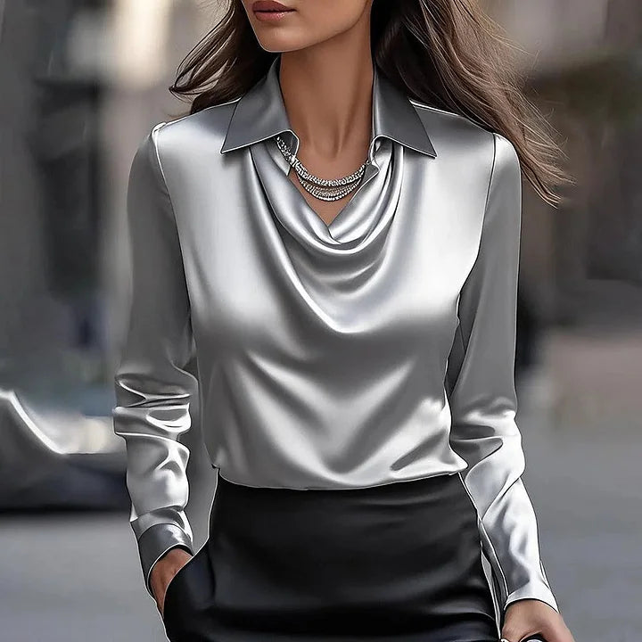 Satin Waterfall Neck Blouse with Long Sleeves for Women