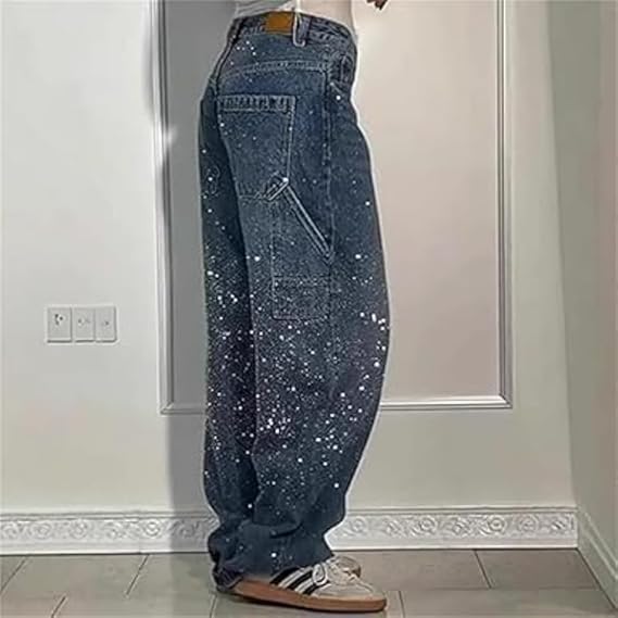 Women's High-Waisted Straight Jeans with Glitter