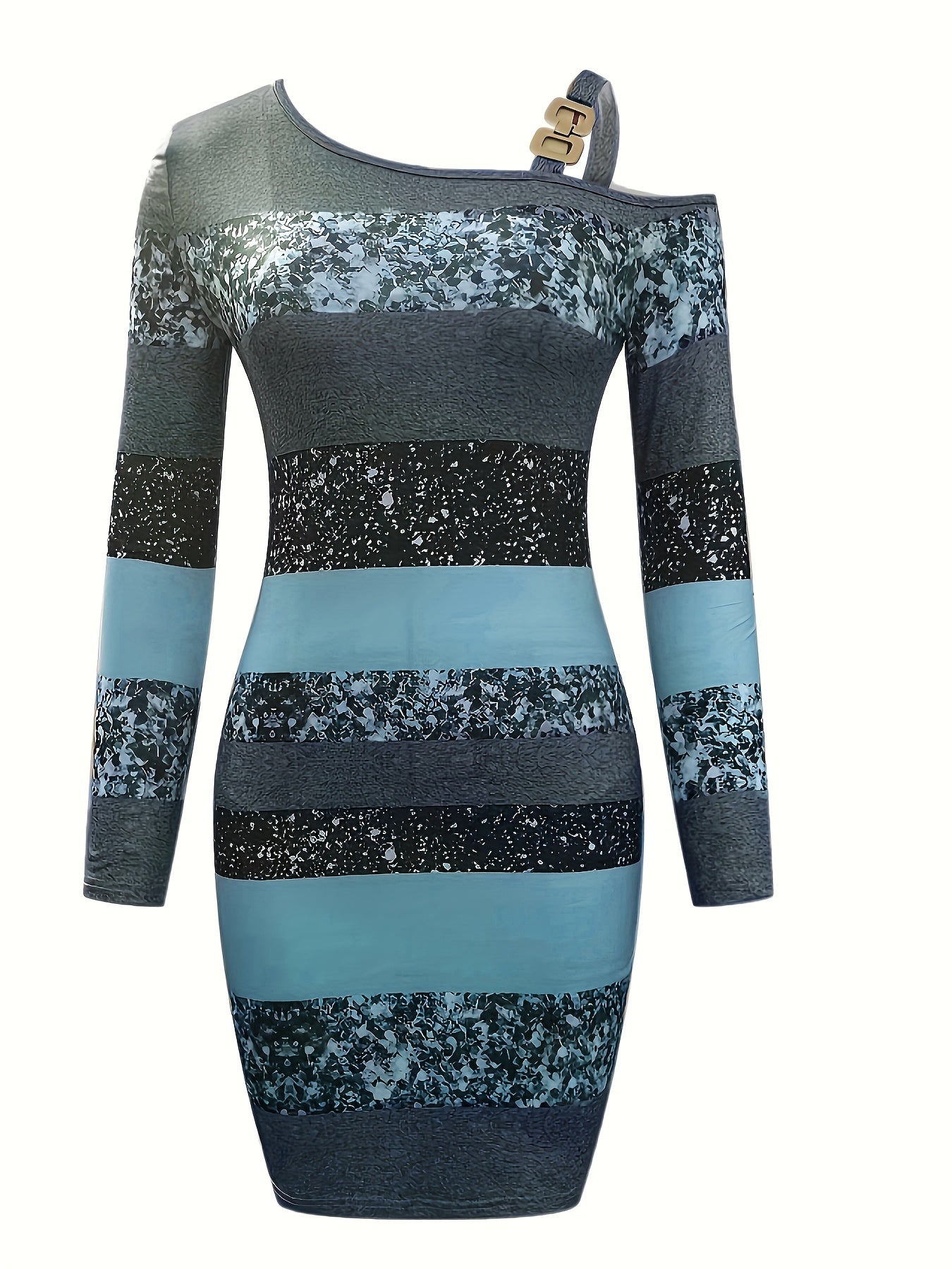 Glitter One-Shoulder Striped Bodycon Mini Dress with Shoulder Buckle