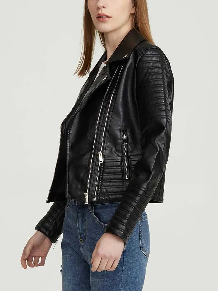 Black Leather Women's Jacket with Zip Pockets