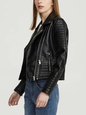 Black Leather Women's Jacket with Zip Pockets