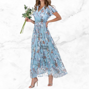 Maxi Dress with Floral Print and V-Neck for Women