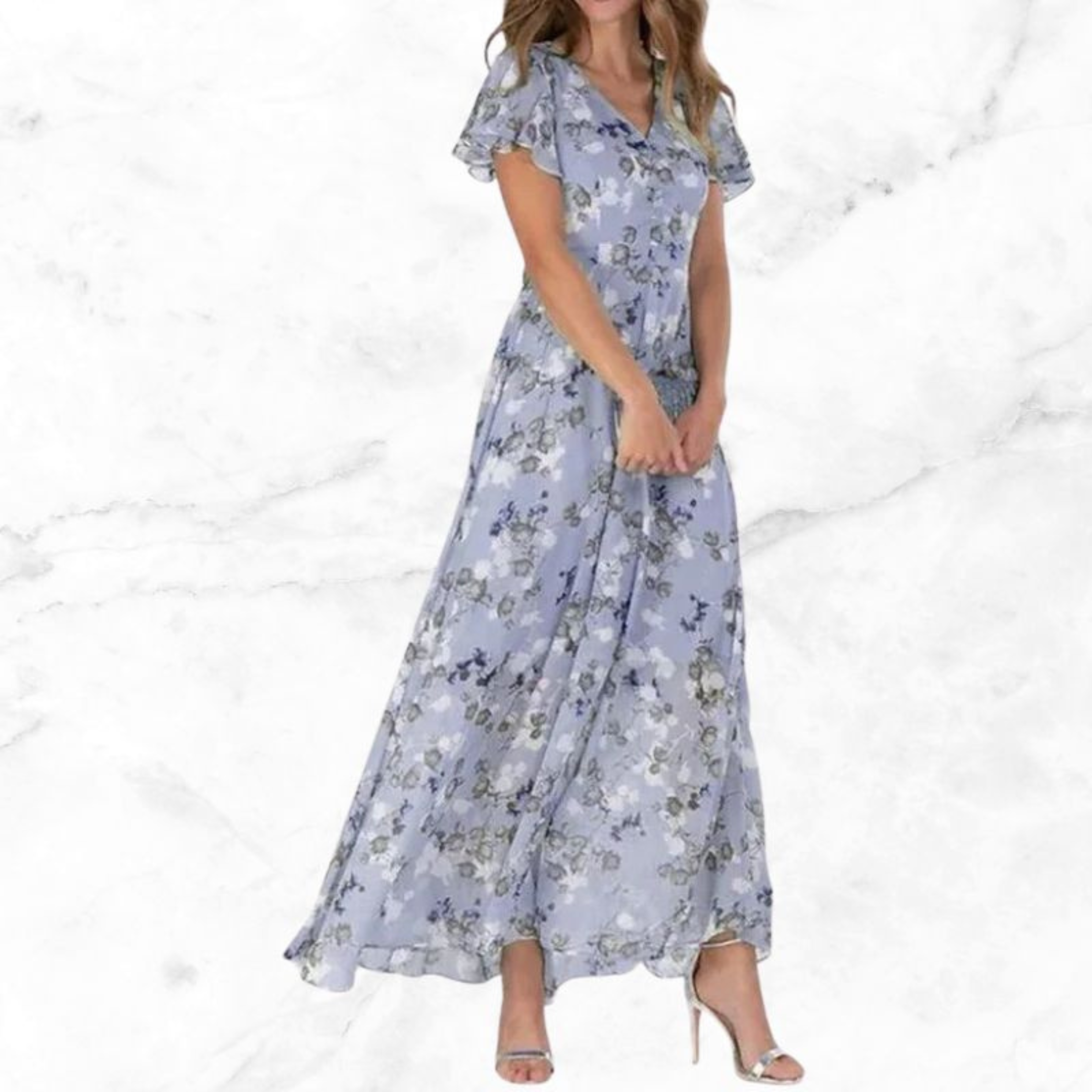 Maxi Dress with Floral Print and V-Neck for Women