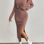 Trendy Fitted Midi Dress Set for Women with Short Vest and Slit