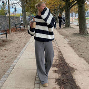 Striped Lounge Pants for Women with Wide Legs and Elastic Waist