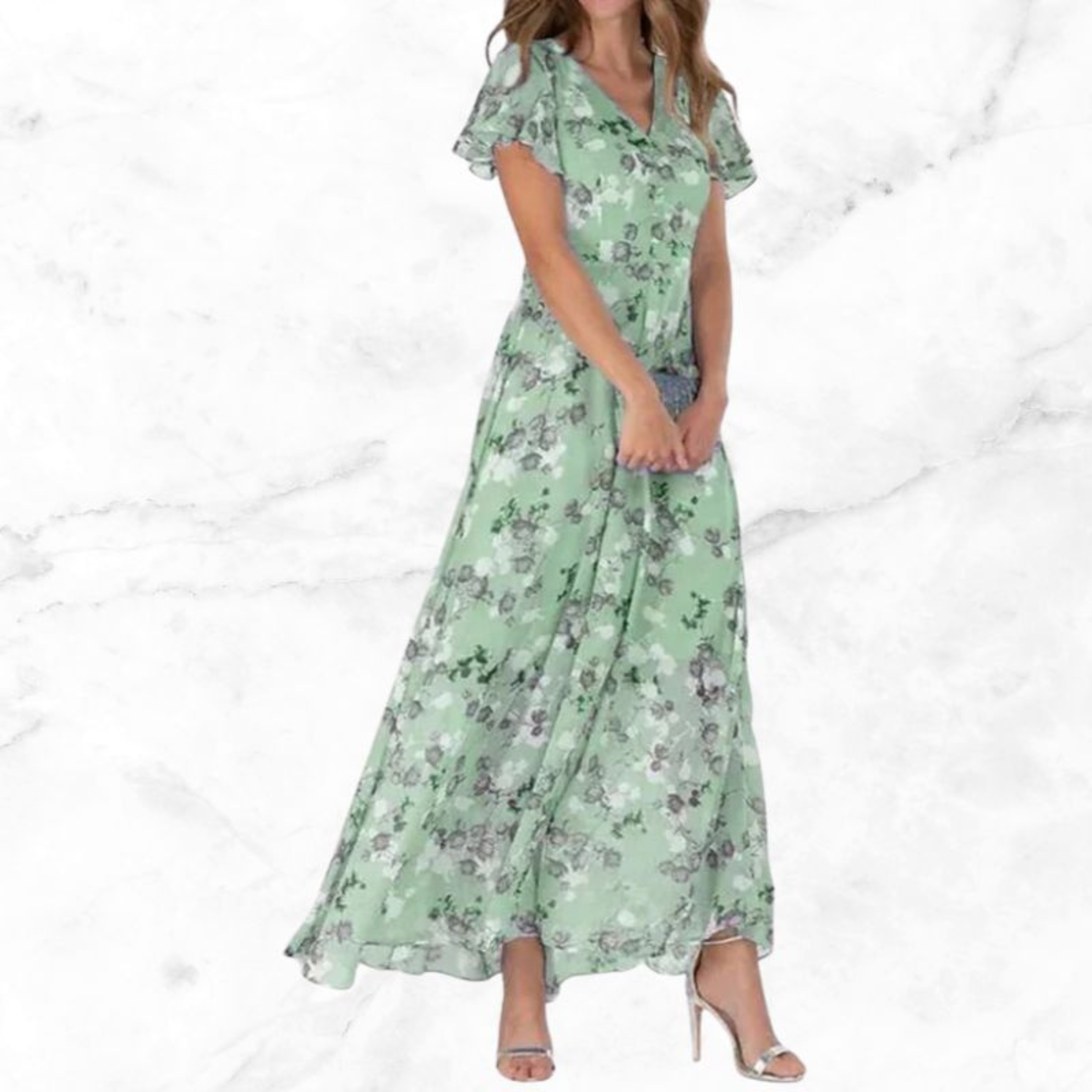 Maxi Dress with Floral Print and V-Neck for Women