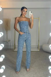 Strapless Glitter Co-ord Set with Straight Pants for Women
