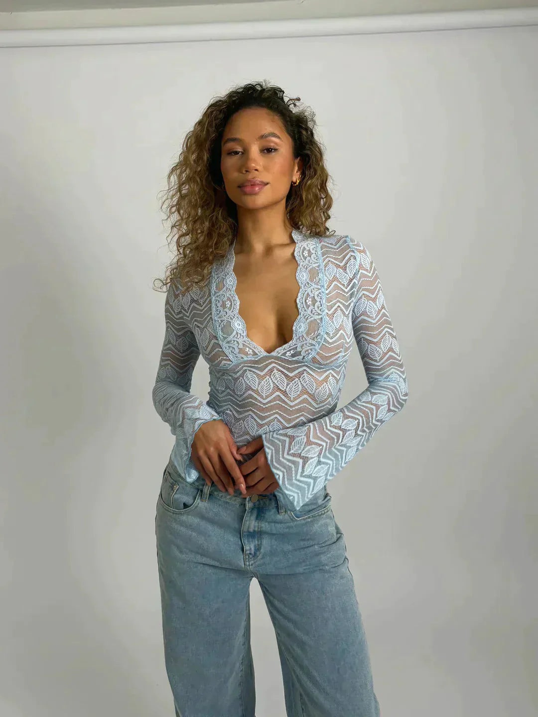 Lace Top with Deep V Neck and Long Sleeves
