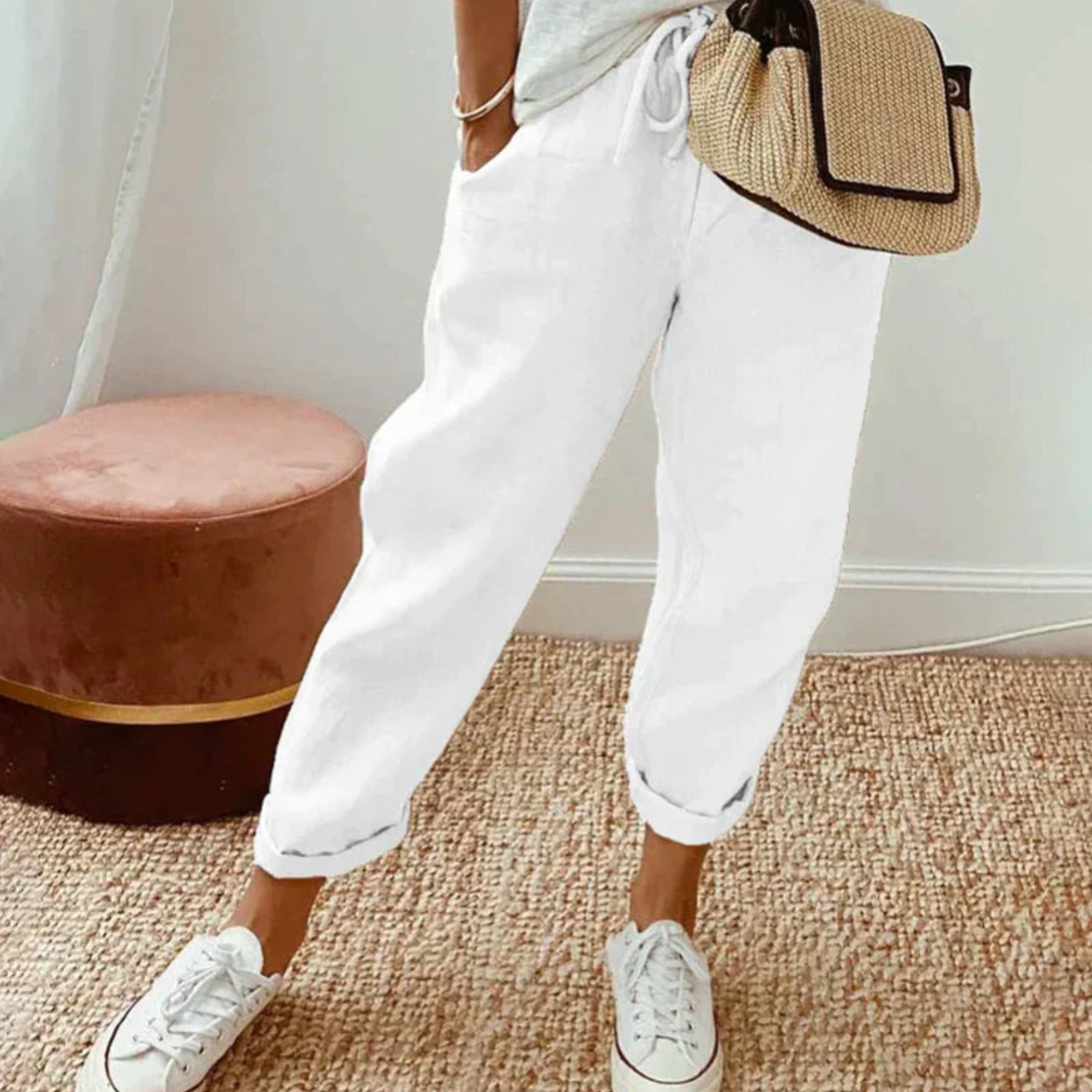Women's Linen Pants with Drawstring and Straight Legs