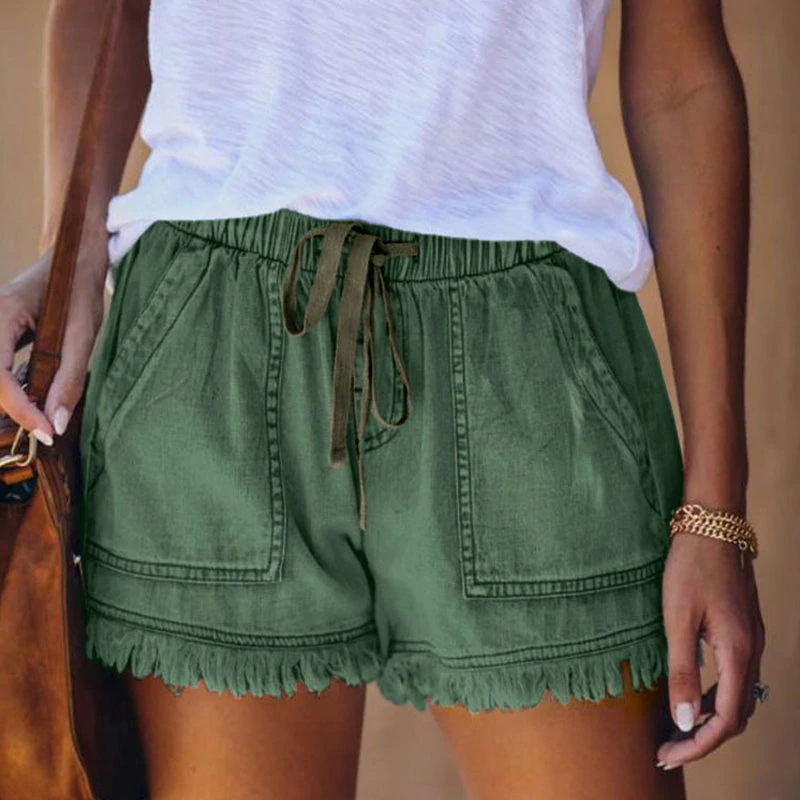 Women's Denim Shorts with Drawstring and Frayed Hem