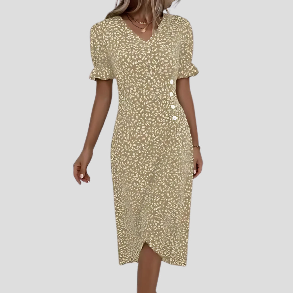 Stylish Midi Dress with Floral Print and V-Neck for Women