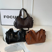 Women’s Leather Shoulder Bag with Zipper Pockets and Double Handles