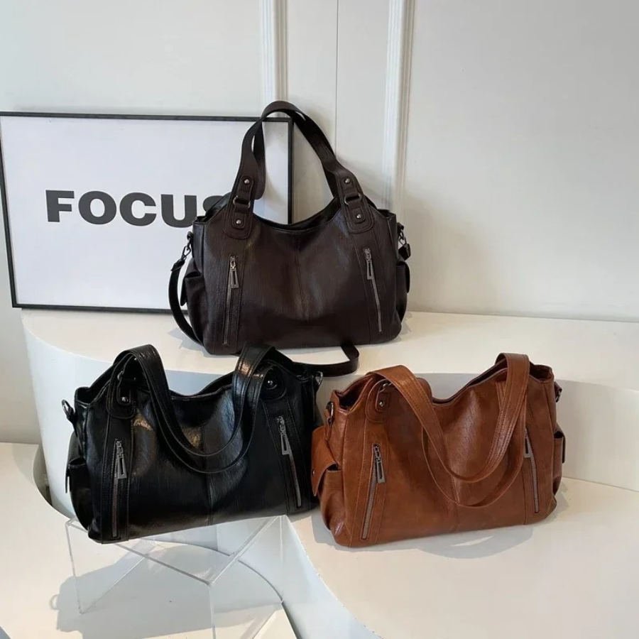 Women’s Leather Shoulder Bag with Zipper Pockets and Double Handles