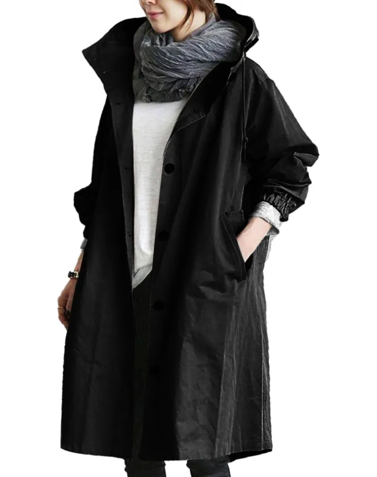 Waterproof Long Women's Trench Coat with Hood and Buttons