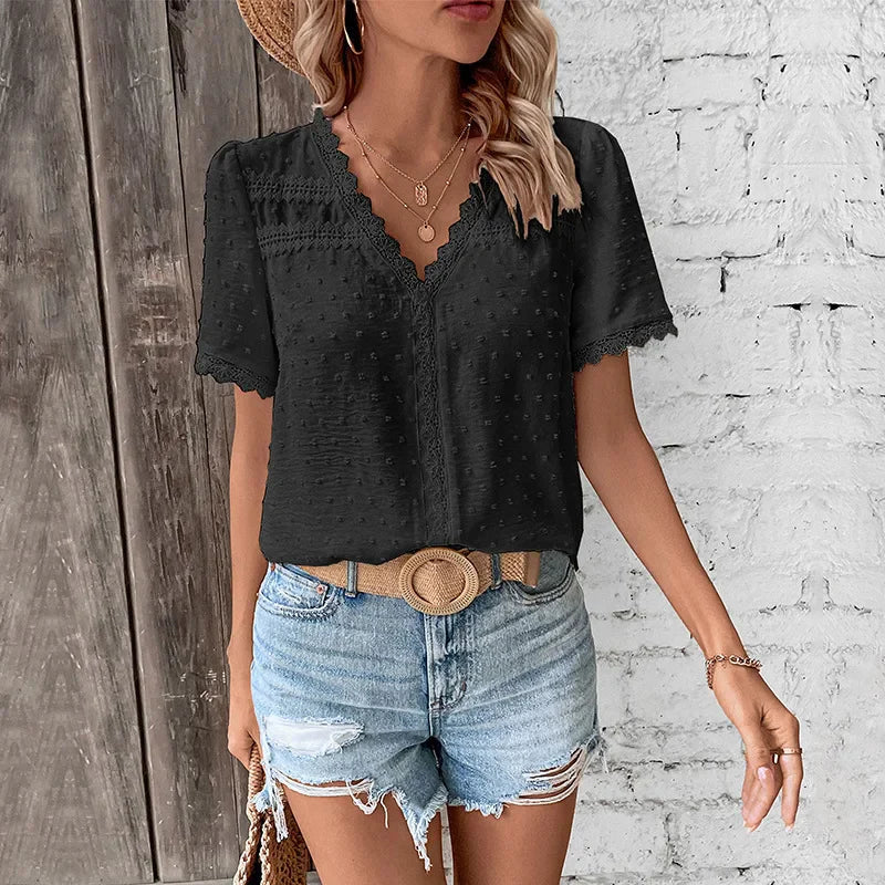 Airy Women’s Blouse with Lace Details and Short Sleeves