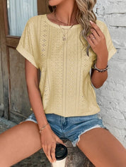 Embroidered Blouse with Short Sleeves and Round Neck