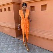 Chic Women's Gala Midi Dress with Deep V Neck and High Slit