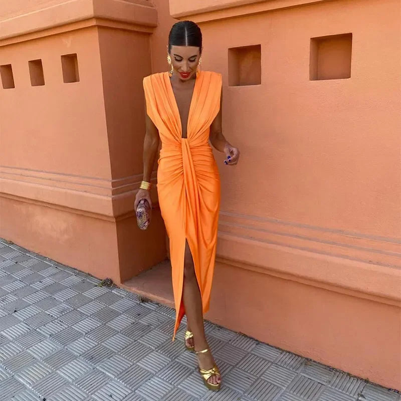 Chic Women's Gala Midi Dress with Deep V Neck and High Slit