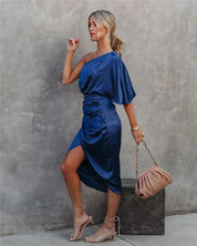 Cocktail Dress with One Shoulder and Draped Midi Skirt