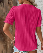 Elegant Pleated Women’s Blouse with Lace and Short Sleeves