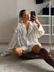 Women's Oversized Sequin Blouse with Long Sleeves