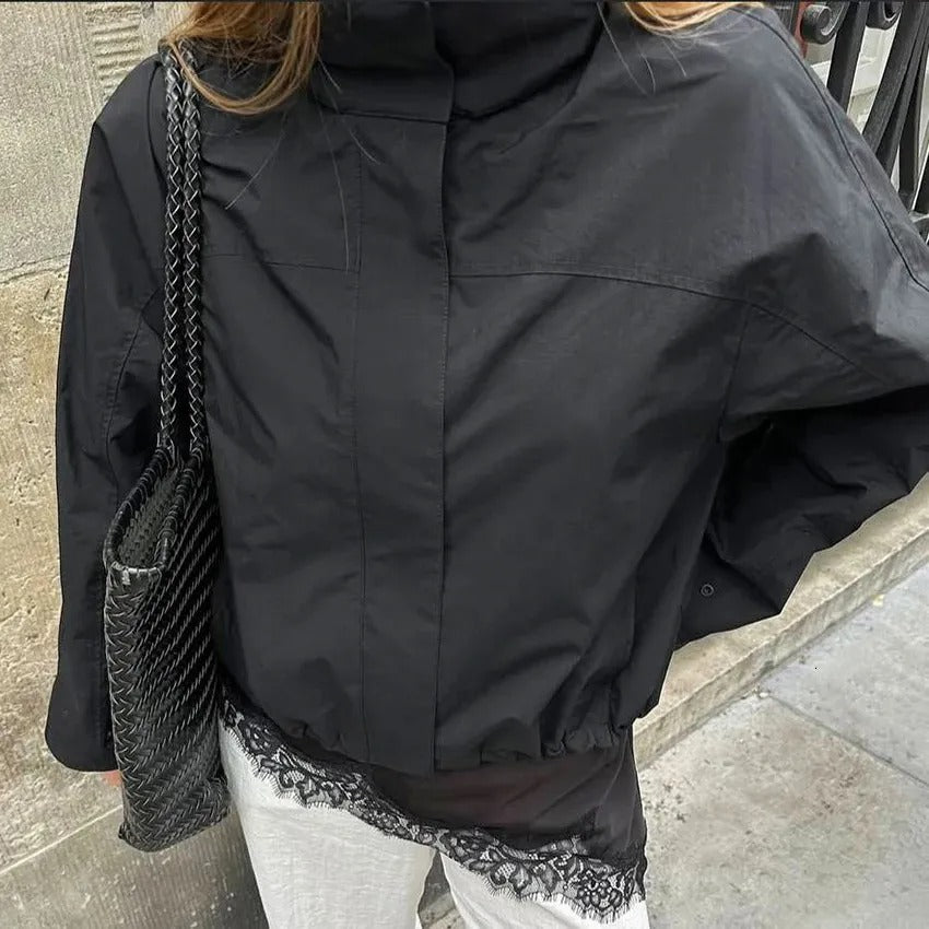 Windbreaker for Women Lightweight with High Collar and Adjustable Drawstring