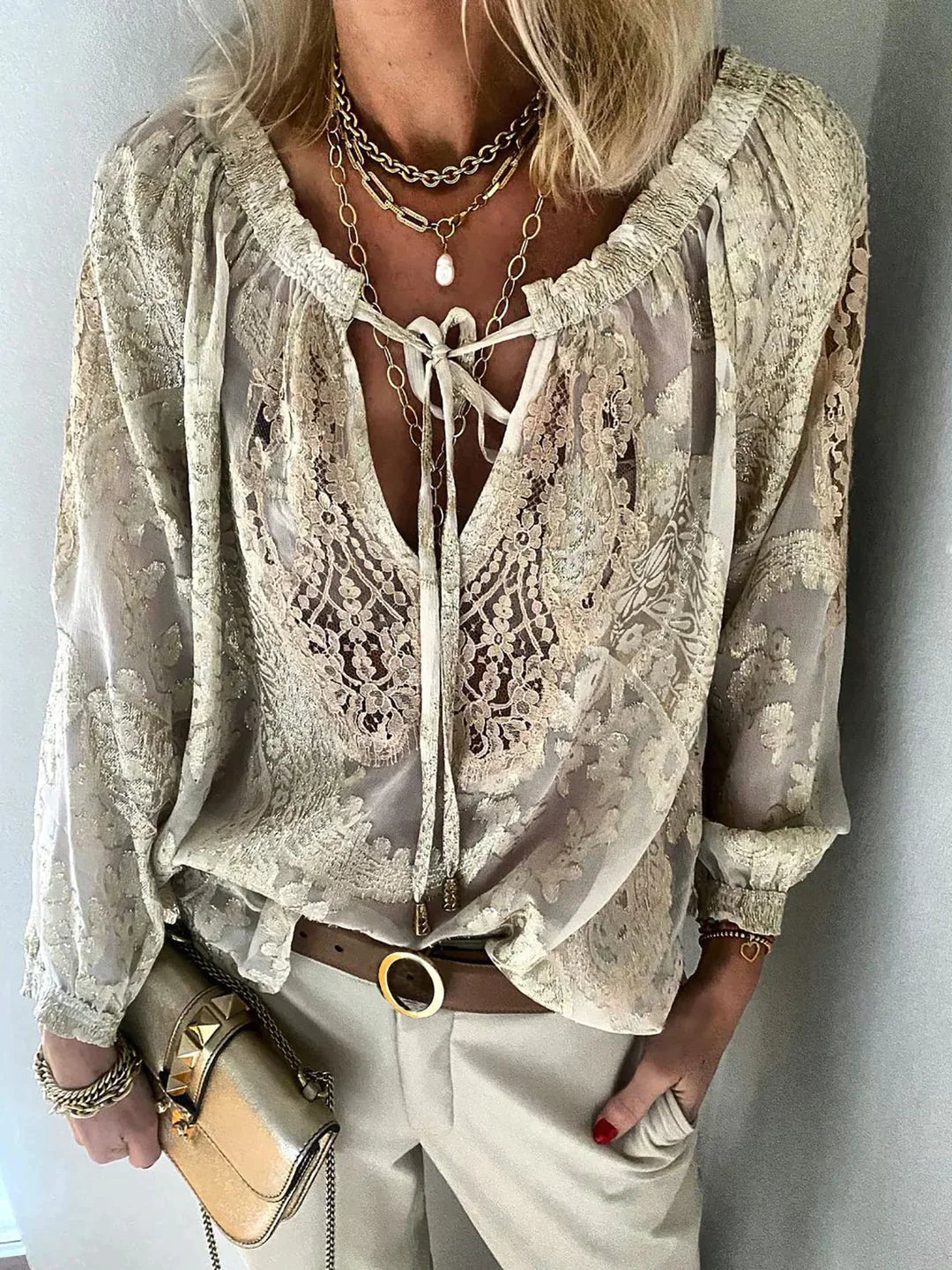 Unique Blouse with Lace Details for Women with V-Neck and Tie Closure