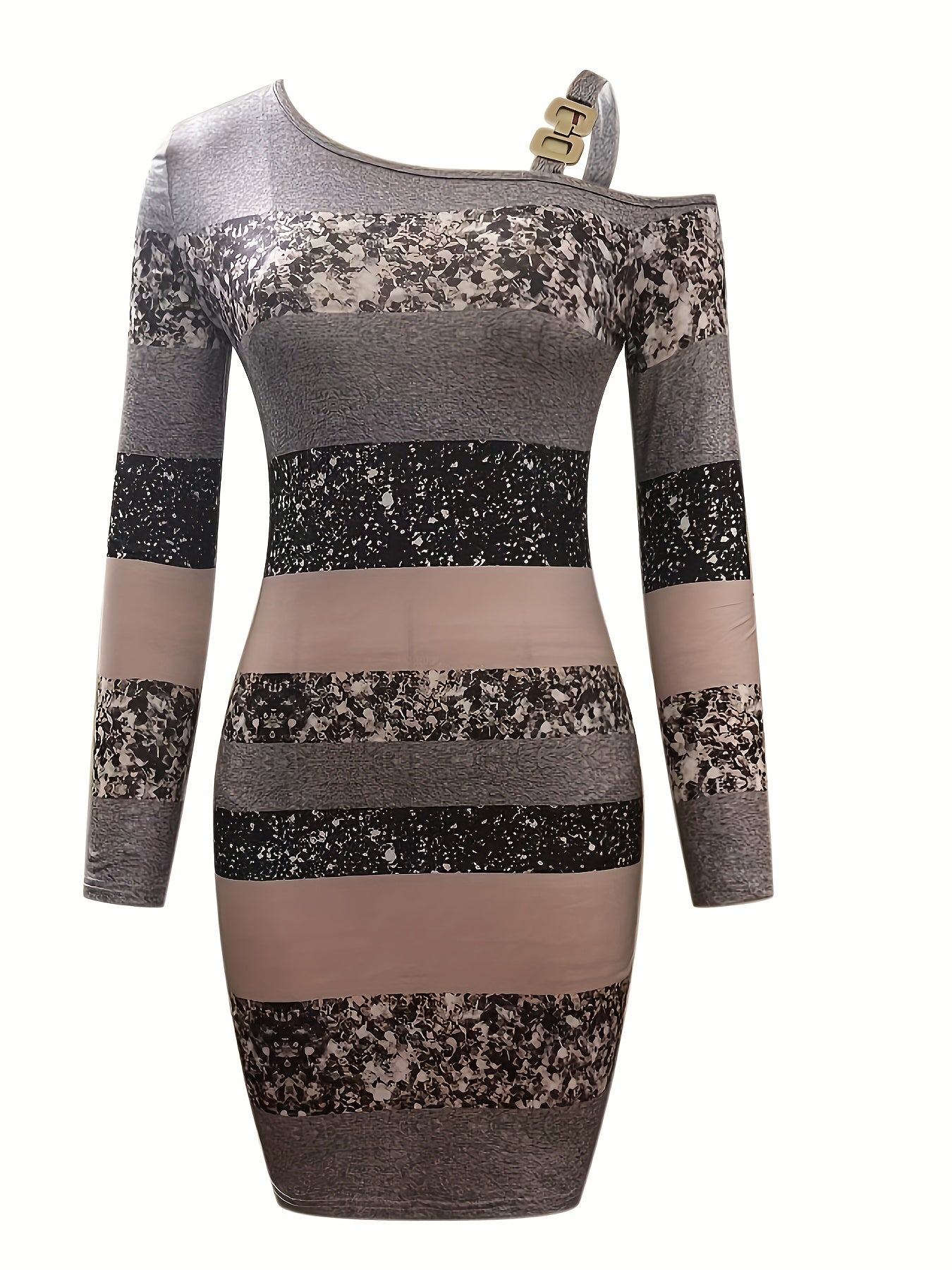 Glitter One-Shoulder Striped Bodycon Mini Dress with Shoulder Buckle