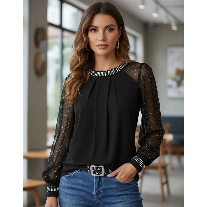 Elegant Blouse with Sheer Sleeves and Rhinestone Detail for Women