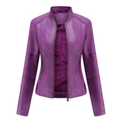 Faux Leather Jacket with Stand-Up Collar and Zipper for Women
