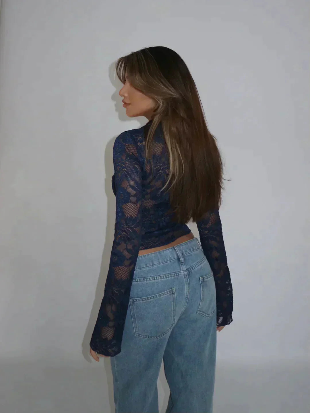 Lace Top with Deep V Neck and Long Sleeves
