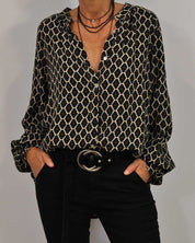 Boho Chic V-Neck Blouse for Women with Print and Long Sleeves