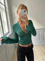Lace Top with Deep V Neck and Long Sleeves