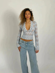 Lace Top with Deep V Neck and Long Sleeves