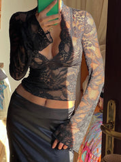 Lace Top with Deep V Neck and Long Sleeves