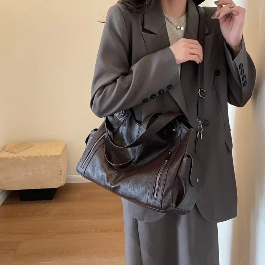 Women’s Leather Shoulder Bag with Zipper Pockets and Double Handles