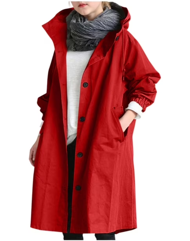 Waterproof Long Women's Trench Coat with Hood and Buttons