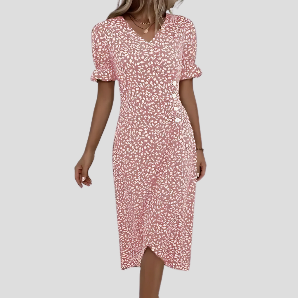Stylish Midi Dress with Floral Print and V-Neck for Women