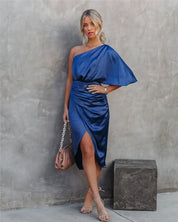 Cocktail Dress with One Shoulder and Draped Midi Skirt