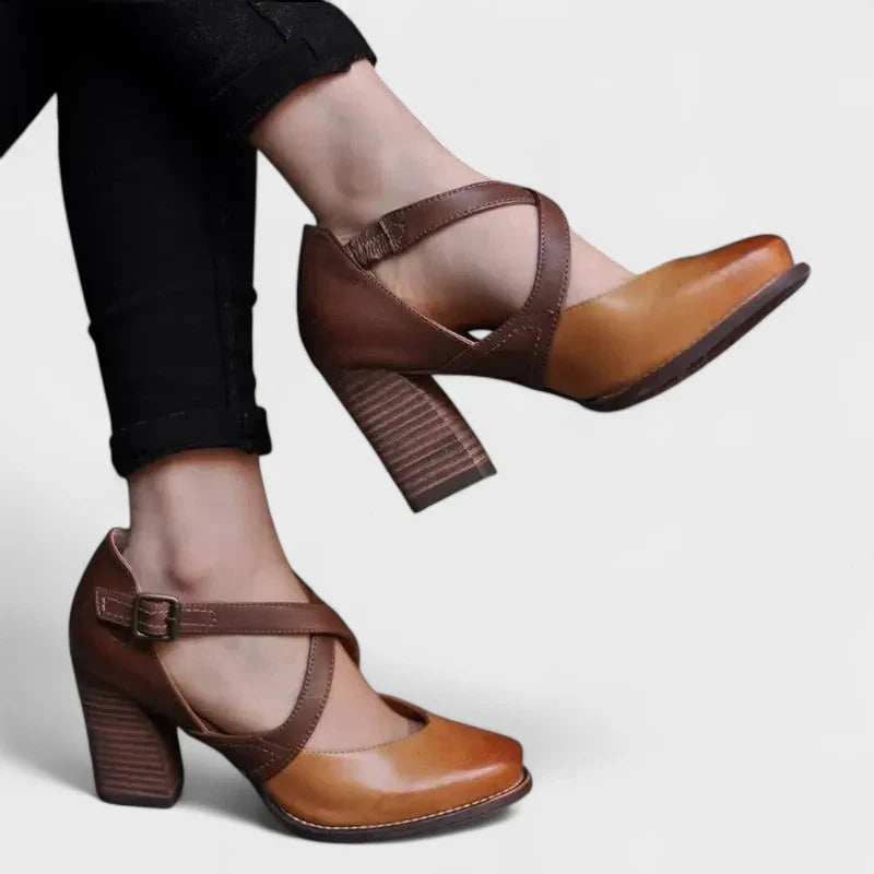 Brown Women's Pumps With Crossed Straps And Block Heel